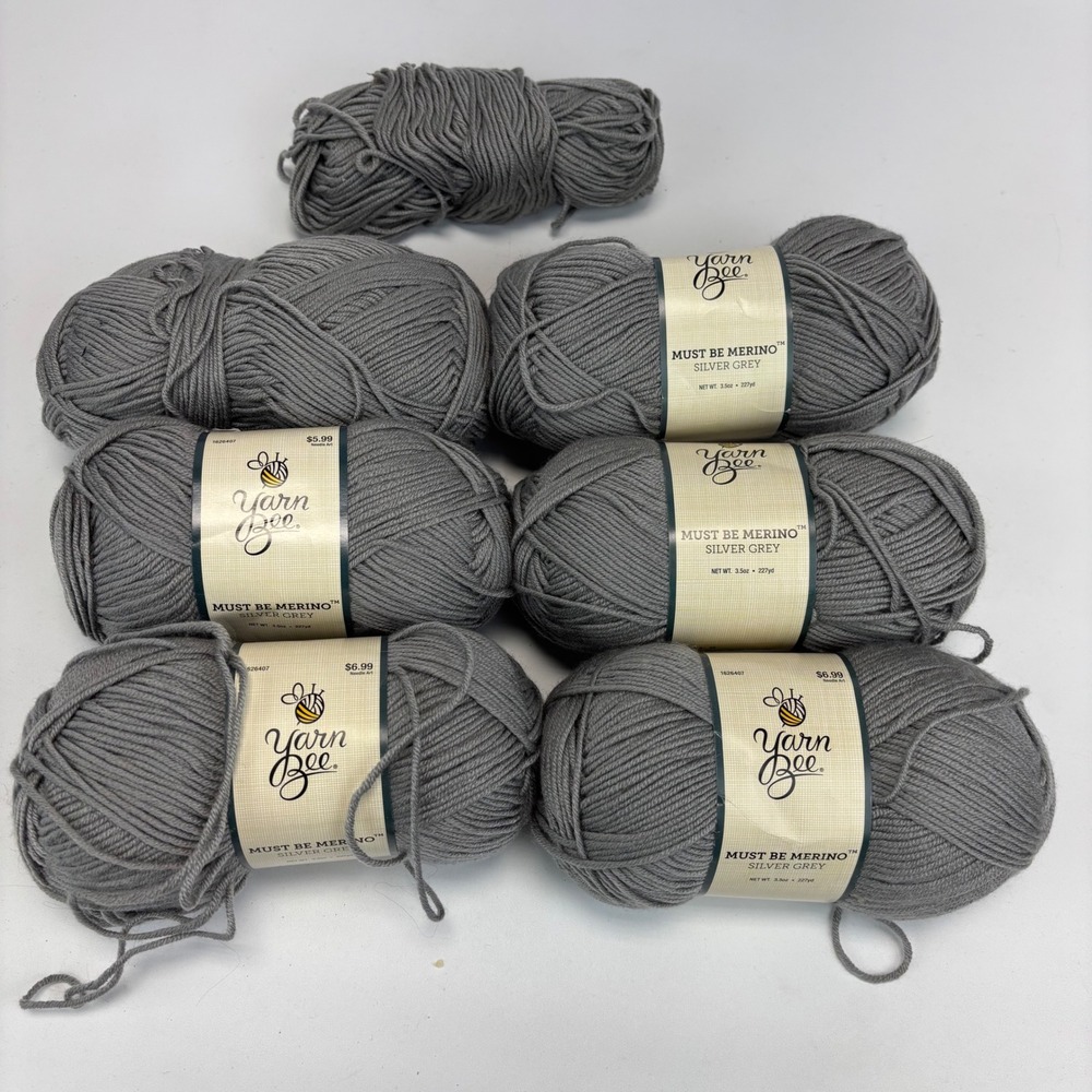 Yarn Bee Must Be Merino Yarn Silver Grey 5 Full Skeins 2 Partial Skeins Blend